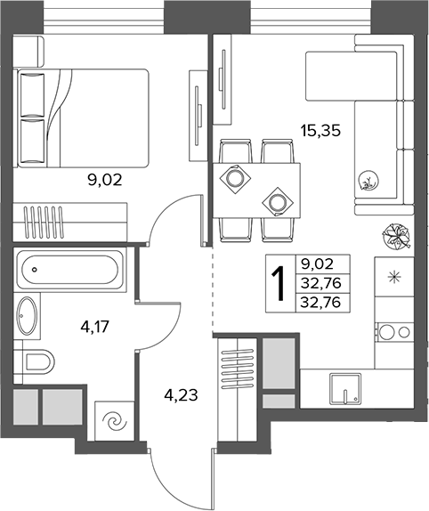 1-комн., 32.76 м², 6/16 этаж, ЖК «Городской бор»