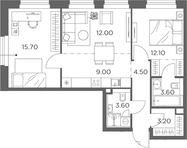 3-комн., 63.7 м², 12/23 этаж, ЖК «Белый Град»