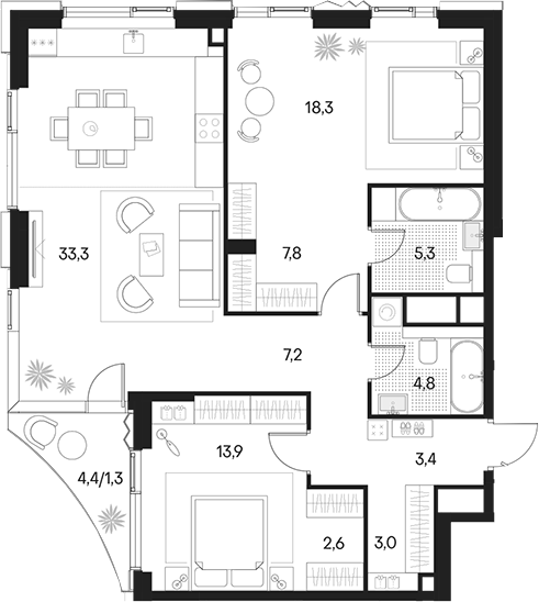 3-комн., 99.6 м², 18/22 этаж, ЖК «Клубный город на реке Примавера»