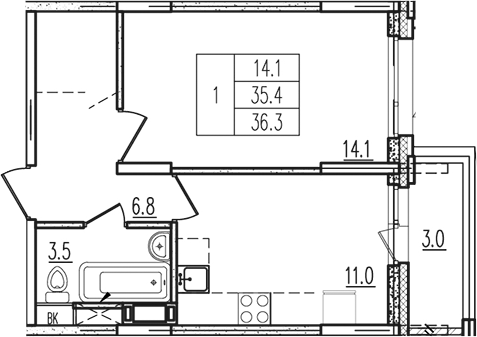 1-комн., 35.4 м², 9/9 этаж, ЖК «Пироговская ривьера. Мытищи»