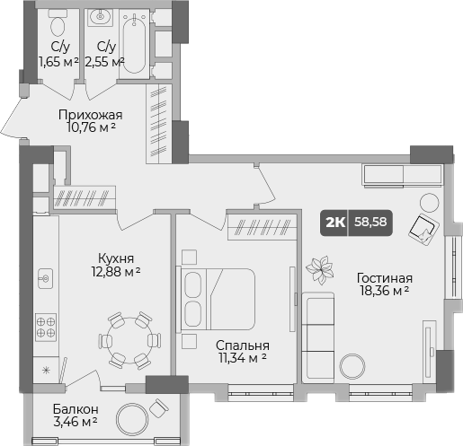 2-комн. квартира, 57.51 м² в ЖК Золотой берег. СЗ Среда — фото 2
