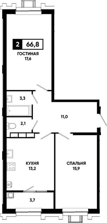 2-комн., 63.1 м², 12/19 этаж, ЖК «Основа. ГК ЮгСтройИнвест. Ставропольский край»