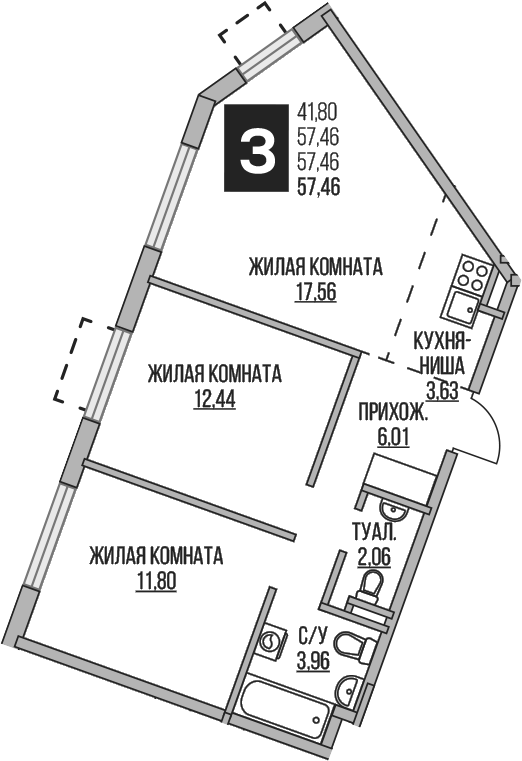 3-комн., 57.46 м², 1/5 этаж, ЖК «Гранель Аникеевский»