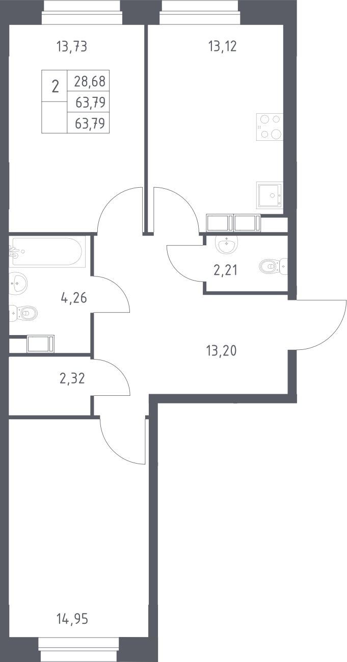 2-комн., 63.79 м², 13/13 этаж, ЖК «ЭкоБунино»