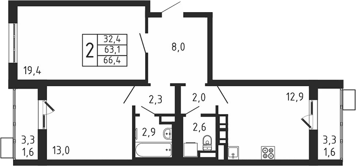 2-комн., 63.2 м², 4/9 этаж, ЖК «Пироговская ривьера. Мытищи»