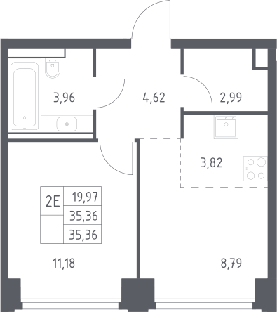 2-комн., 35.36 м², 24/32 этаж, ЖК «НОВА»