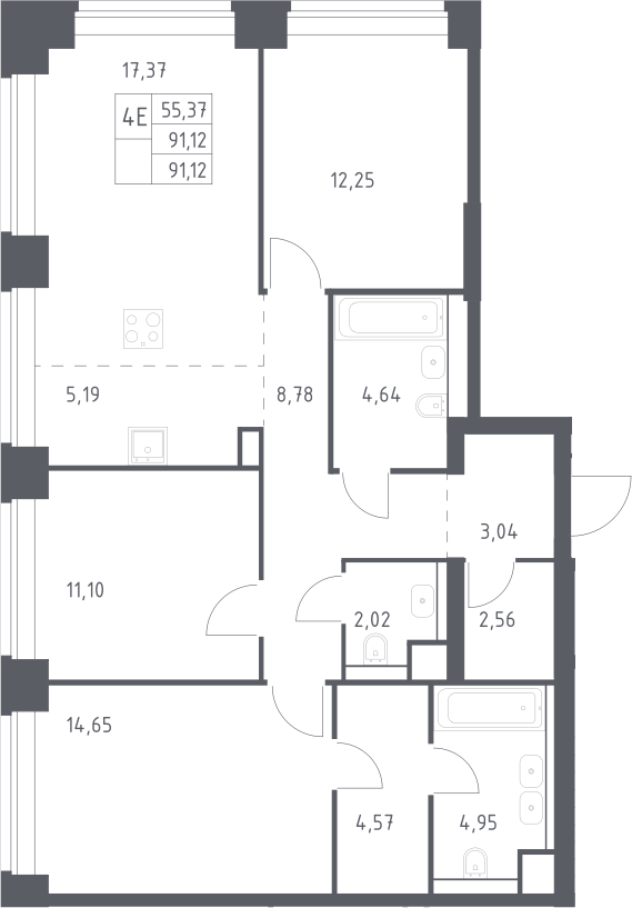 4+ комнаты, 91.12 м², 23/32 этаж, ЖК «НОВА»