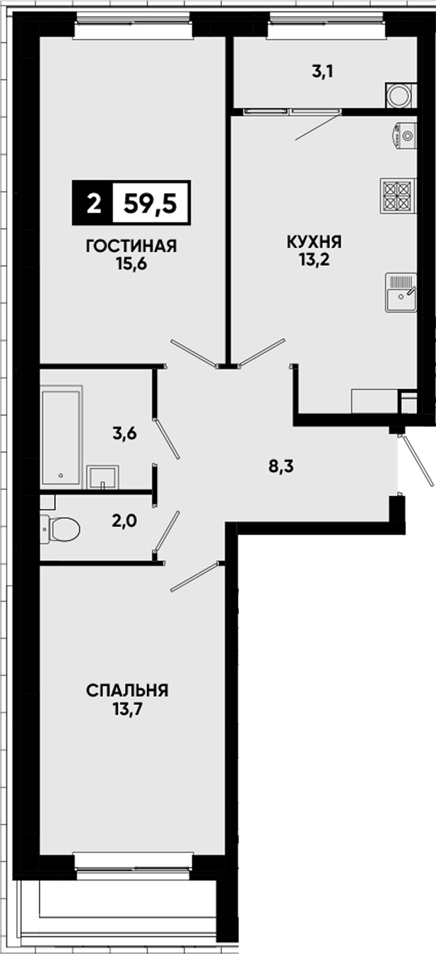 2-комн., 56.4 м², 2/12 этаж, ЖК «Кварталы 17/77»