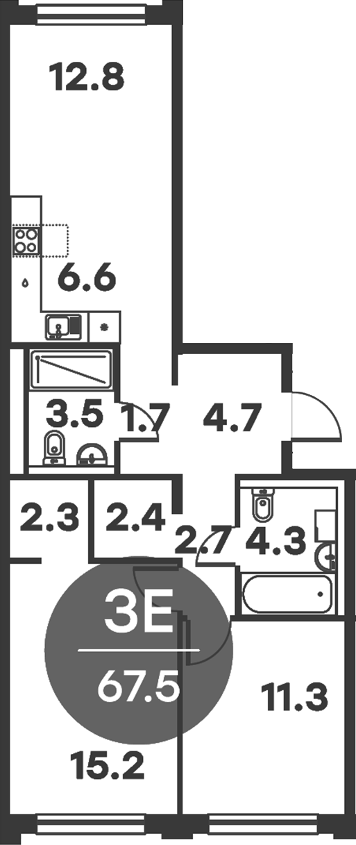 3-комн., 67.5 м², 3/6 этаж, ЖК «Равновесие»