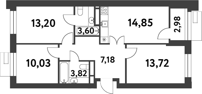 3-комн., 68.69 м², 7/16 этаж, ЖК «Смарт Гарден»