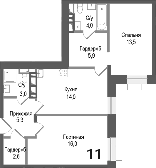 2-комн., 64.3 м², 3/8 этаж, ЖК «Киноквартал»