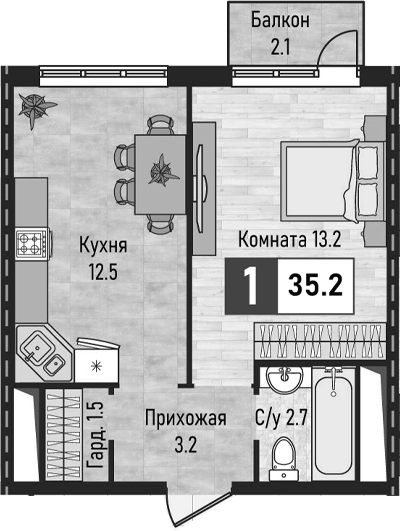 1-комн., 33.1 м², 5/12 этаж, ЖК «Живописный»