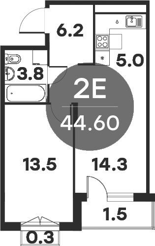 2-комн., 42.8 м², 2/6 этаж, ЖК «Равновесие»