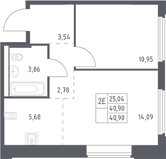 2-комн., 40.9 м², 12/16 этаж, ЖК «Космический Квартал»