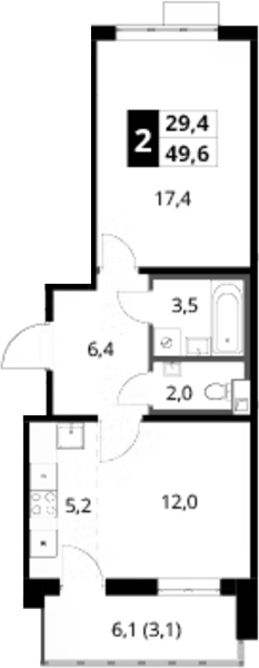 2-комн., 46.5 м², 11/16 этаж, ЖК «1-й Шереметьевский»
