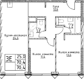 3-комн., 70.4 м², 14/29 этаж, ЖК «Наметкин Тауэр»