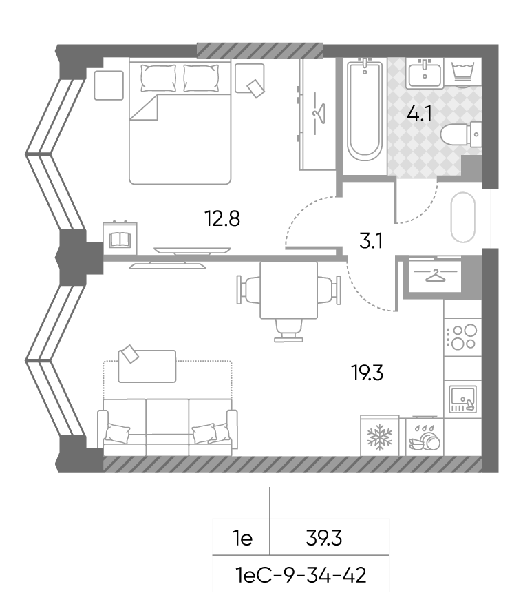 2-комн., 39.3 м², 42/43 этаж, ЖК «ЗилАрт»