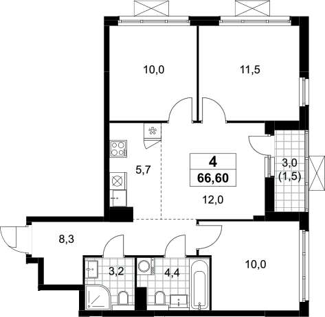 4+ комнаты, 65.1 м², 19/19 этаж, ЖК «Бунинские кварталы»