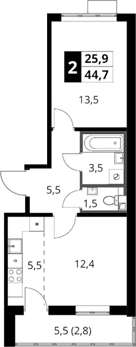 2-комн., 41.9 м², 14/16 этаж, ЖК «1-й Шереметьевский»