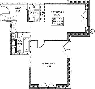 2-комн., 56.89 м², 9/20 этаж, ЖК «ЭВОПАРК Сокольники»