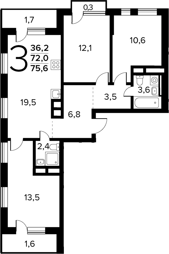3-комн., 72 м², 4/14 этаж, ЖК «Новые Ватутинки Квартал у реки»
