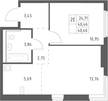 2-комн., 40.46 м², 3/17 этаж, ЖК «Пригород Лесное»