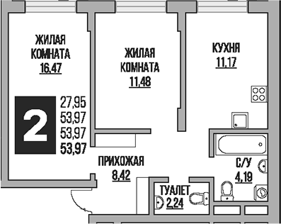2-комн., 53.97 м², 1/8 этаж, ЖК «Гранель Живописный»