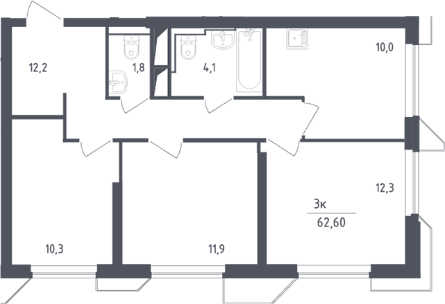 3-комн., 62.6 м², 19/30 этаж, ЖК «Скай Спутник»