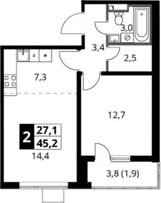 2-комн., 43.3 м², 17/24 этаж, ЖК «1-й Донской»