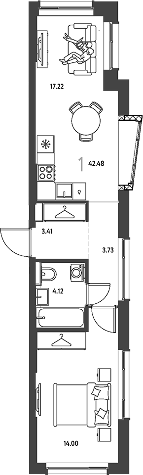 1-комн., 42.48 м², 3/19 этаж, ЖК «Страна.Парковая»