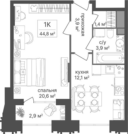 1-комн., 41.9 м², 8/30 этаж, ЖК «Гостиничный комплекс Варшавские ворота»
