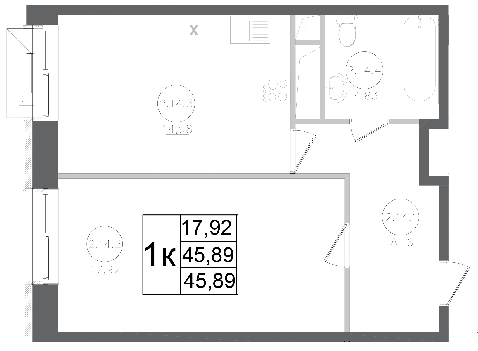 1-комн., 45.89 м², 14/17 этаж, ЖК «Авиатор-2»