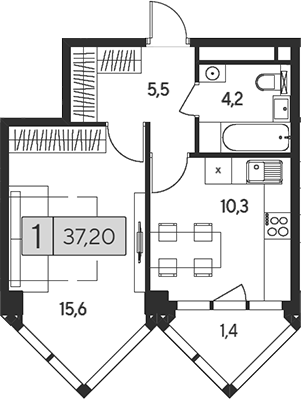 1-комн., 35.8 м², 26/28 этаж, ЖК «Инди Тауэрз от Аквилон»