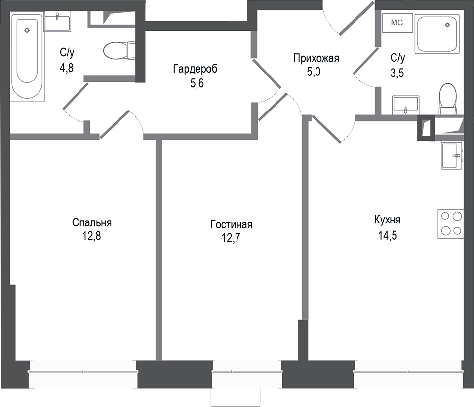2-комн., 58.9 м², 1/6 этаж, ЖК «Киноквартал»