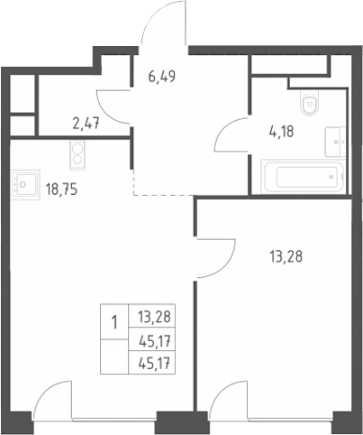 2-комн., 45.17 м², 4/24 этаж, ЖК «Квартал на воде»
