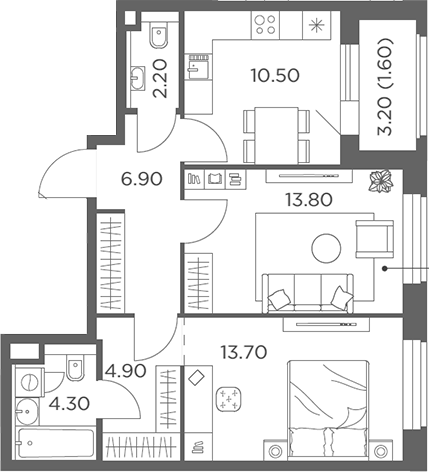 2-комн., 56.3 м², 11/17 этаж, ЖК «Белый Град»