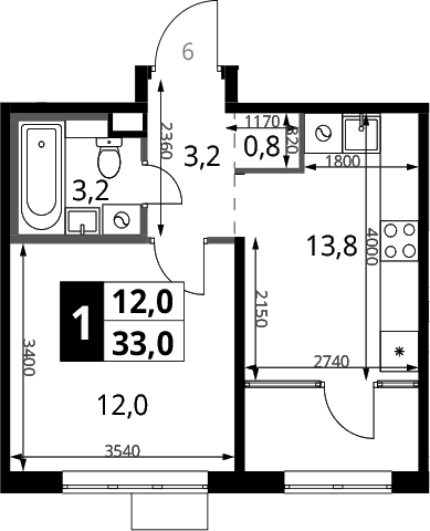 1-комн., 33 м², 3/6 этаж, ЖК «1-й Химкинский»