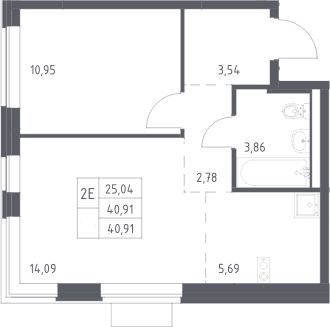 2-комн., 40.91 м², 9/17 этаж, ЖК «Новое Видное»