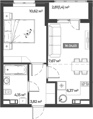 1-комн., 32.63 м², 2/5 этаж, ЖК «Соловей»