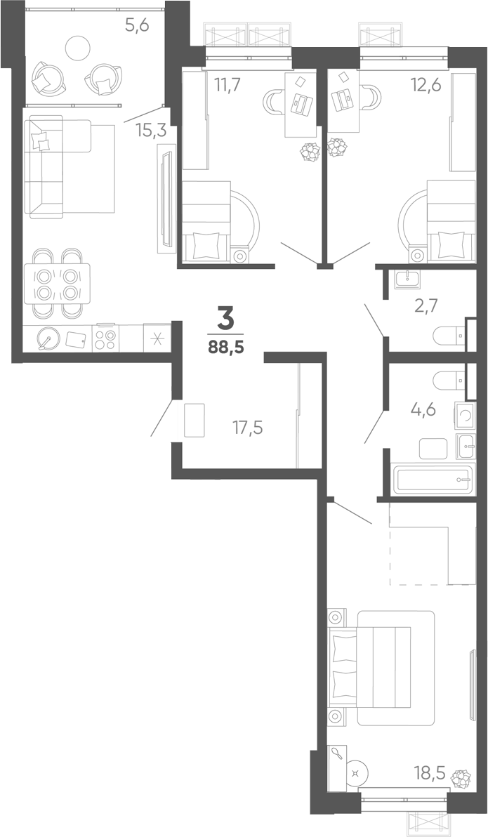 3-комн. квартира, 82.9 м² в ЖК Барса — фото 2