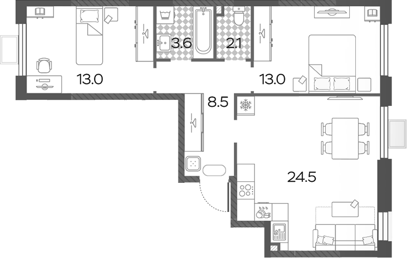 3-комн., 64.7 м², 22/24 этаж, ЖК «Лучи»