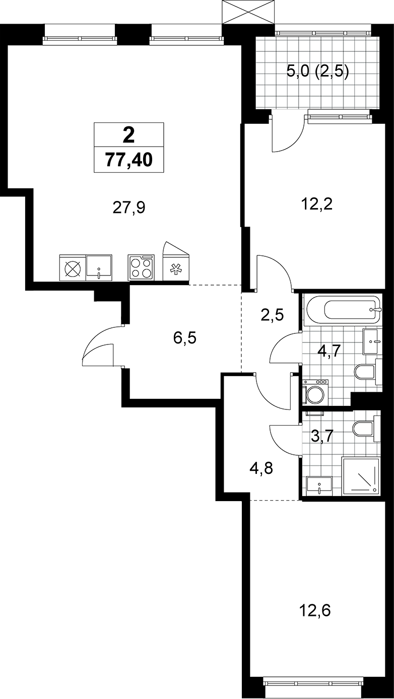 3-комн., 74.9 м², 8/8 этаж, ЖК «Дзен-кварталы»
