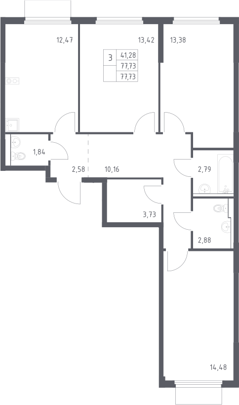 3-комн., 77.73 м², 11/15 этаж, ЖК «Пригород Лесное»
