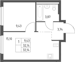 2-комн., 32.14 м², 8/9 этаж, ЖК «Большое Юрлово»