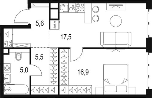 2-комн., 50.5 м², 16/16 этаж, ЖК «Левел Южнопортовая»