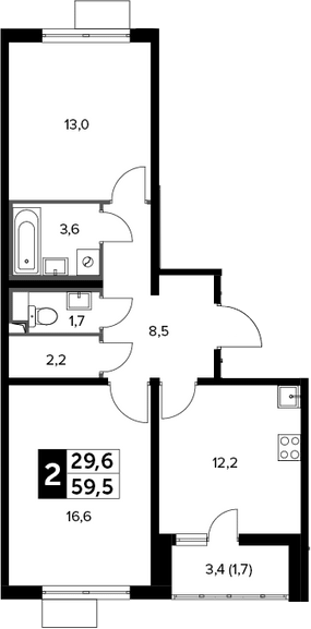 2-комн., 57.8 м², 10/20 этаж, ЖК «Южная Битца»