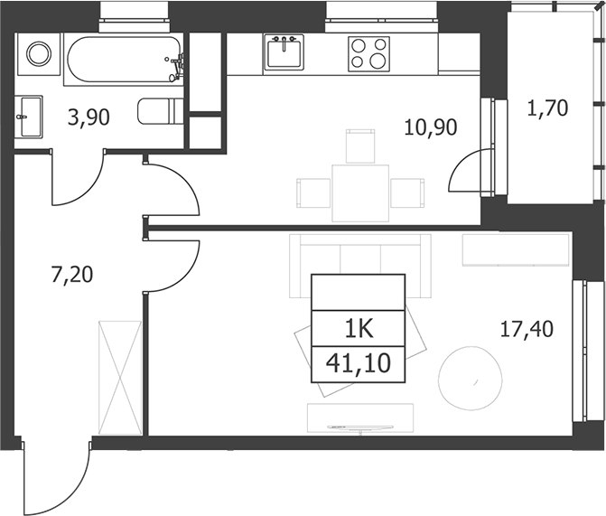 1-комн., 39.4 м², 9/16 этаж, ЖК «Октябрьский»