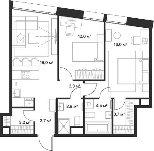 3-комн., 67.7 м², 2/23 этаж, ЖК «Союз»