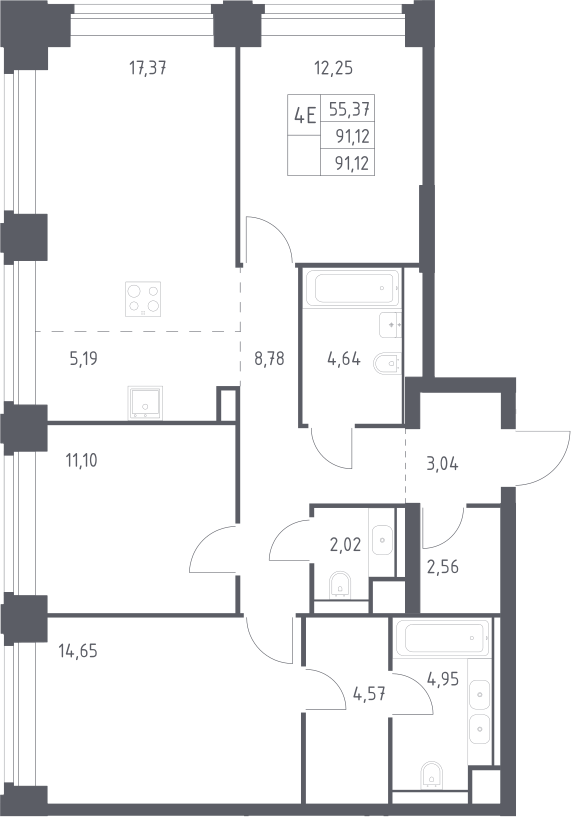 4+ комнаты, 91.12 м², 22/32 этаж, ЖК «НОВА»