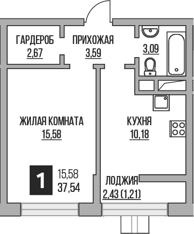 1-комн., 35.11 м², 3/16 этаж, ЖК «Гранель Пехра»